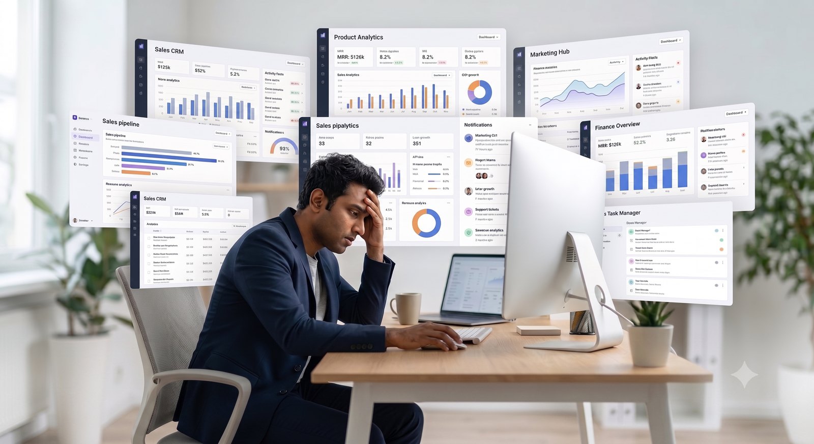 Illustration of cluttered legacy dashboards WorkWitness replaces with a modern time tracking software morning brief